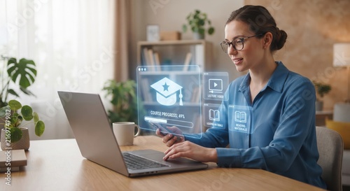 Woman studying with educational progress interface tool