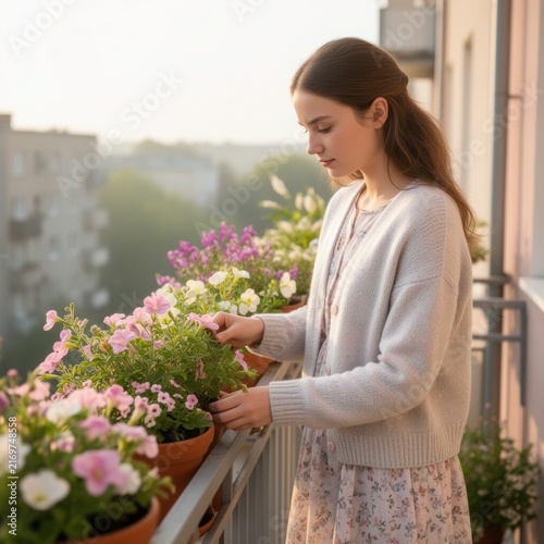 Woman tending flowers on a balcony