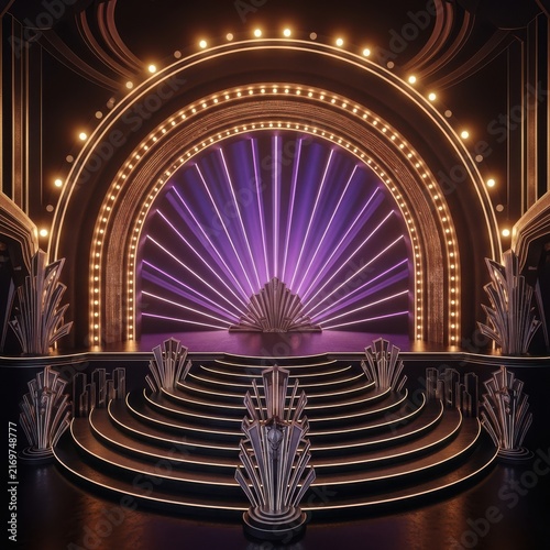Grand awards stage with arch and purple lights ready for a prestigious ceremony