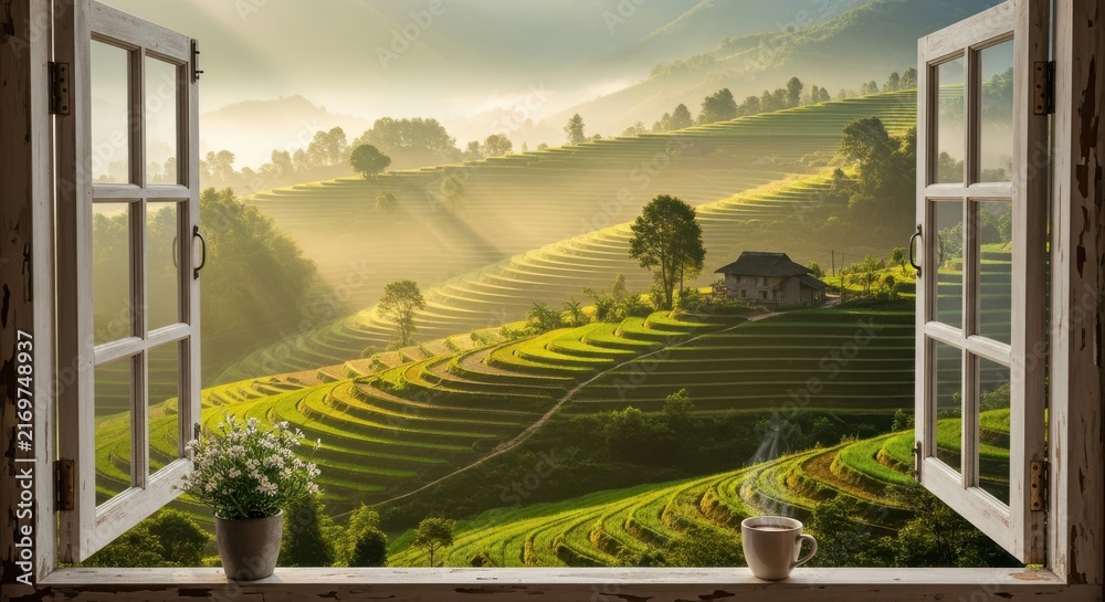 Fototapeta premium Open window view of sun-drenched green tea plantation terraces in morning light