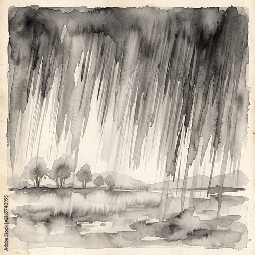 Heavy rain falling in a forest landscape