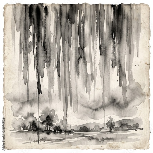 Heavy rain falling on a countryside landscape