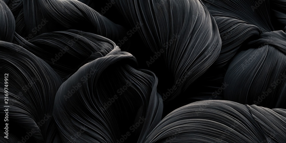 Fototapeta premium Dark, flowing, organic forms with fine, striated textures create a dramatic abstract composition
