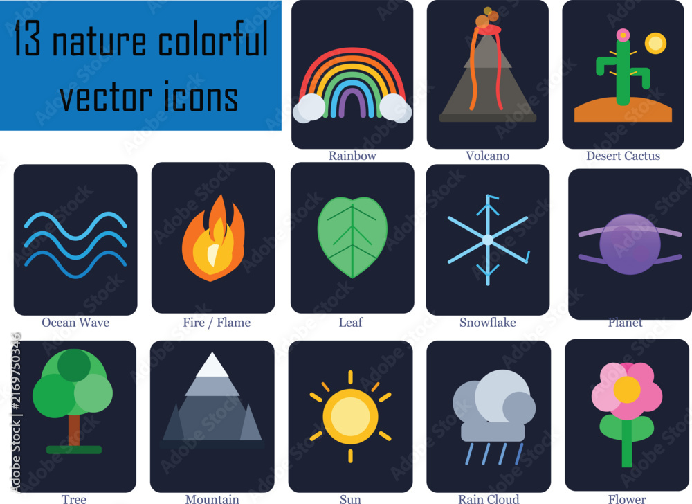 Fototapeta premium Set of 13 colorful nature vector icons including rainbow, volcano, cactus, and more