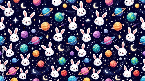 Cute rabbits and planets pattern in a whimsical space design