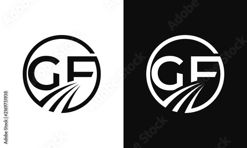 Bold GF monogram with diagonal motion strokes and circular framing, designed for sports, fitness, performance, and energetic brands.