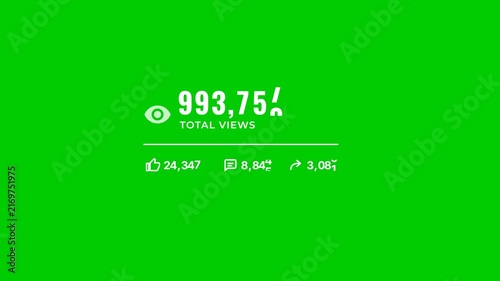 Views and likes statistics counter animation, social media viral total views, green screen video