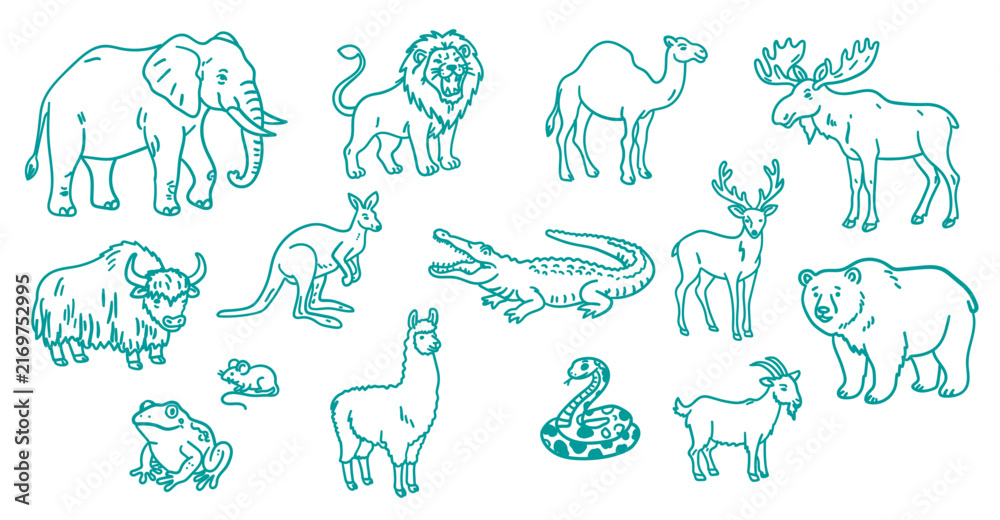 Naklejka premium Handdrawn wild and farm animals including elephant, lion, camel, moose, kangaroo, and crocodile