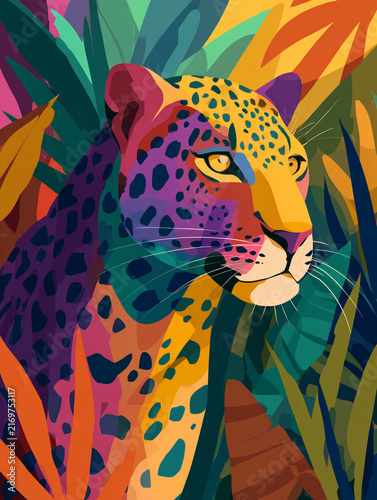 An abstract illustration of an elegant leopard in a jungle, featuring bold geometric shapes, vibrant colors, flat foliage patterns, and a lively modernist art aesthetic.