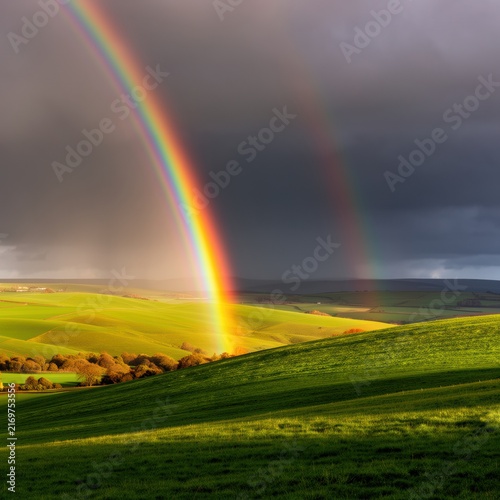 Double rainbow over green rolling hills