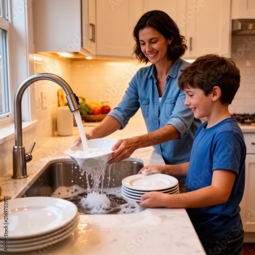 Mother and son washing dishes in kitchen