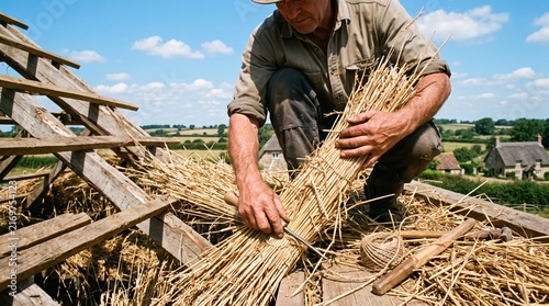 Thatcher working on thatched roof