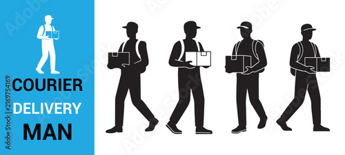 Delivery man courier service silhouette set with parcel and smartphone illustration eps 10