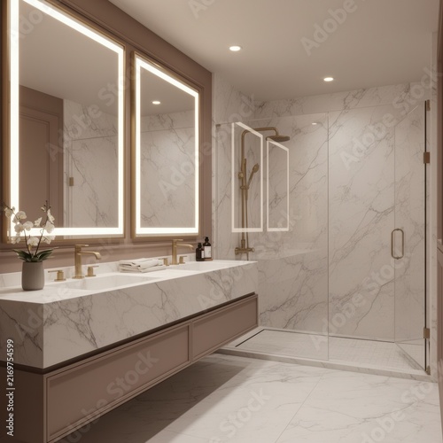 Luxury modern bathroom with marble shower and vanity