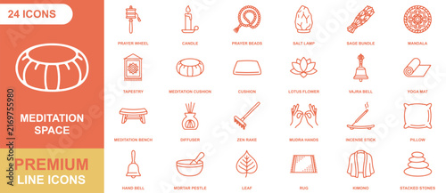 Bild auf Leinwand Meditation space icon sheet with 24 linear symbols including prayer wheel, candl