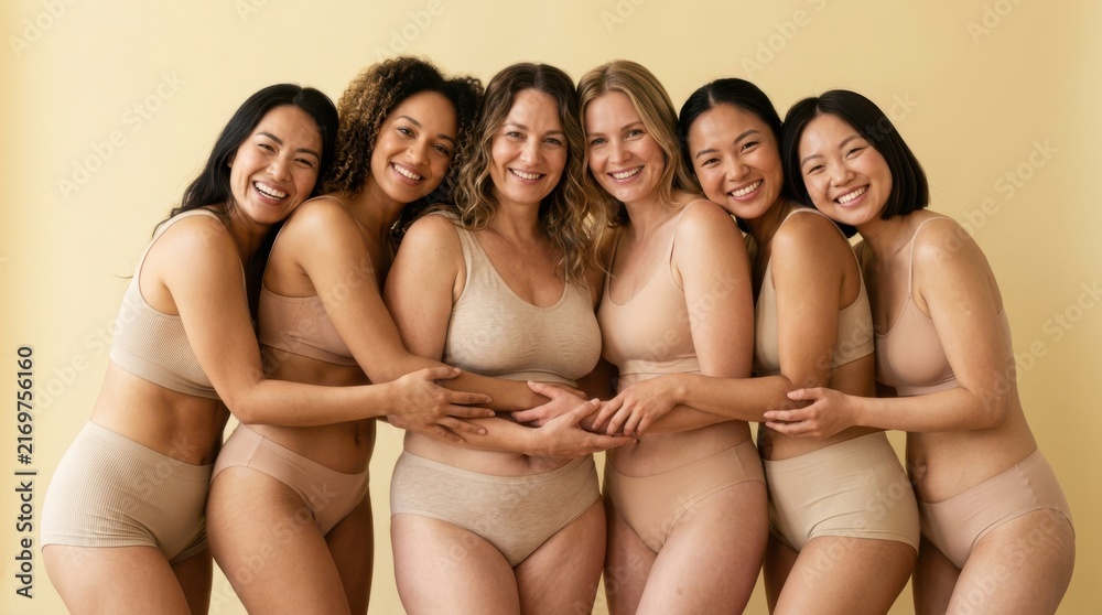 Fototapeta premium Group of diverse happy women in beige underwear hugging and smiling together. Body positivity and self acceptance concept with natural beauty, friendship and