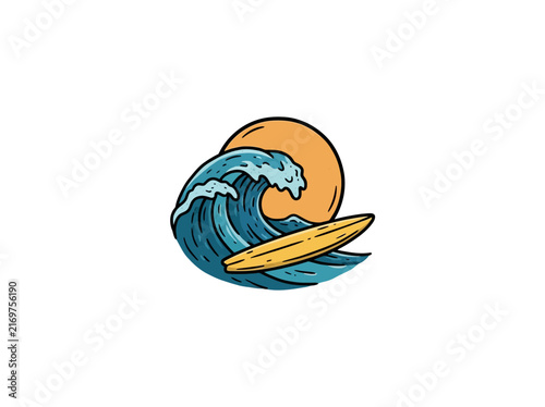 Surf Wave With Yellow Surfboard And Orange Sun Vector Illustration