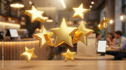 Golden five star rating floating above table in cafe blur background with delivery bag and tablet.