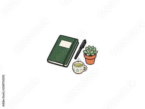 Wellness Journal With Pen Tea Cup And Succulent Plant Isolated Vector Illustration