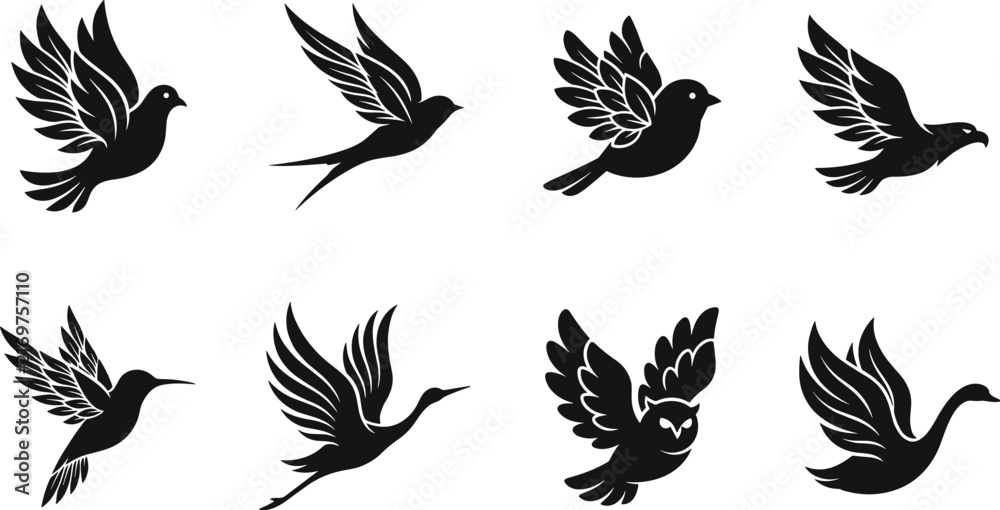 Naklejka premium Set of eight black silhouette of various flying birds including doves, swallows, owls, and cranes isolated on a white background