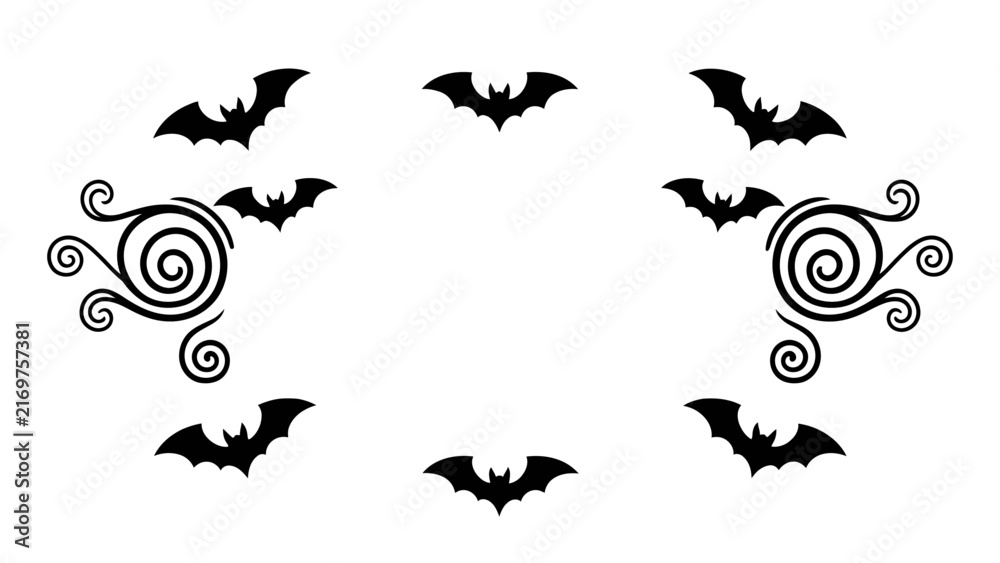 Fototapeta premium A decorative Halloween frame featuring black bat silhouettes and artistic swirls on a clean white background.