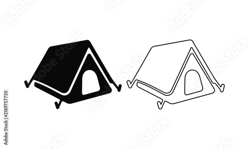 Black and outline silhouette of a camping tent for outdoor adventures.