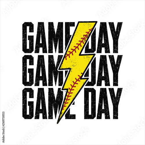 Softball Game Day Typography with Yellow Lightning Bolt and Red Stitching