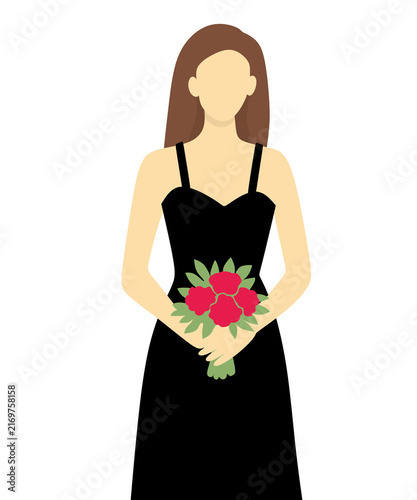 Woman wears black dress, holds red flowers