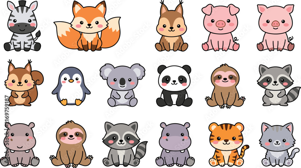 Naklejka premium Cute kawaii baby animals cartoon character vector set featuring zebra fox pig koala panda sloth tiger and cat