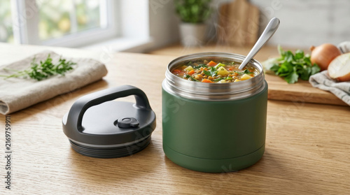 Green insulated soup container thermoflask vacuum sealed perfect for lunch or travel needs.