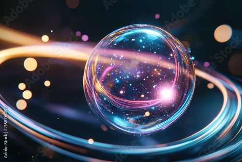 A 3D-rendered pink bubblegum bubble expands with an iridescent glow reflecting neon lights. The silky surface blends electric blues and soft purples, merging retro and futuristic aesthetics.
