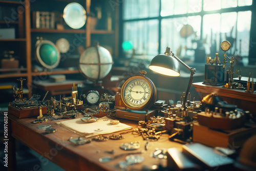 An artisan's workshop brimming with tools and clocks where a clockmaker expertly restores a 19th-century timepiece. This space reflects the rich tradition of intricate clock craftsmanship.