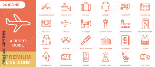 Bild auf Leinwand Set of 24 orange line icons for airport guide, featuring airplane, luggage, secu