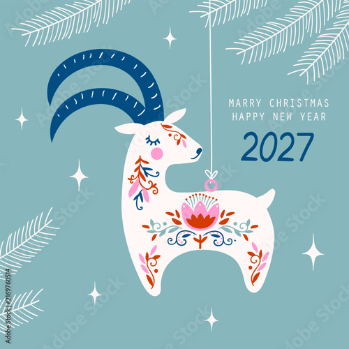 New year card 2027 with goats. Vector  Illustration