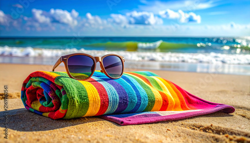 Striped beach towel with sunglasses on the beach. AI