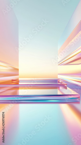 A striking 3D rectangle features transitioning gradients from hot pink to deep purple and ultraviolet blue. The glossy, iridescent surface exudes a modern, captivating digital art aesthetic.