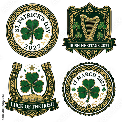 St. Patrick's Day 2027 Vintage Irish Heritage Badge Collection with Shamrock, Harp and Horseshoe, Celtic Luck of the Irish Emblems Set, Traditional March 17 Holiday Celebration Badge Bundle