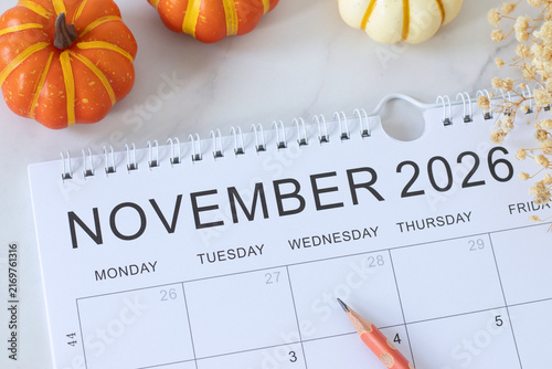 November 2026 calendar month with pumpkin decoration.