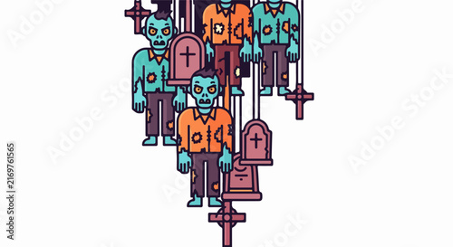 Colorful cartoon zombies rising from graves