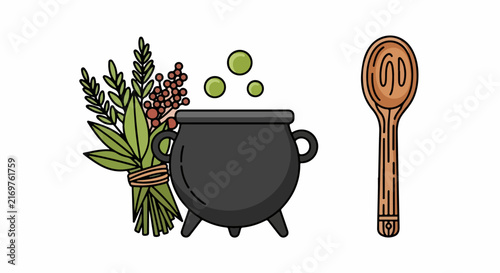 Witch cauldron with herbs and wooden spoon
