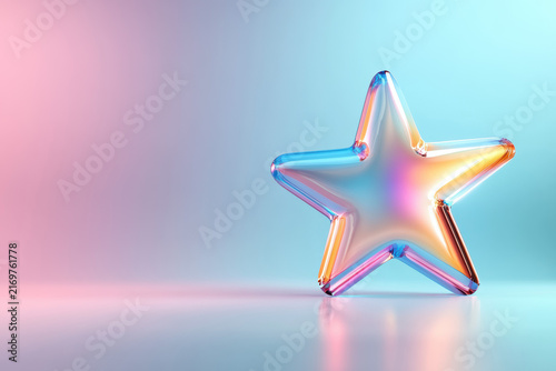 A 4-pointed star rendered in 3D with a glossy, iridescent surface. It transitions smoothly from hot pink to deep purple and ultraviolet blue, creating a vibrant and eye-catching effect.