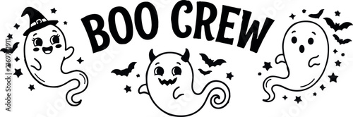 Cute hand drawn illustration featuring three friendly ghosts with bats and stars and the text boo crew perfect for halloween themed designs and festive projects