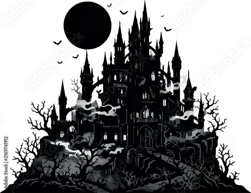 A detailed black and white silhouette illustration of a spooky gothic castle perched on a hill under a large full moon for halloween design projects