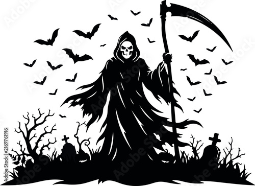 A detailed black and white illustration of the grim reaper standing in a spooky graveyard surrounded by a swarm of flying bats for halloween design