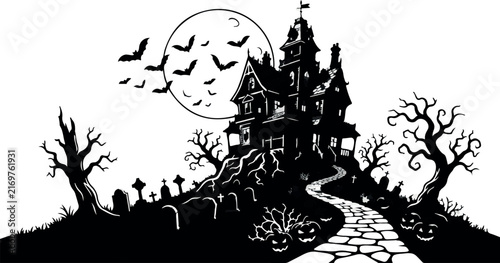 A spooky black and white illustration featuring a haunted house on a hill with a full moon bats a graveyard and a winding stone path