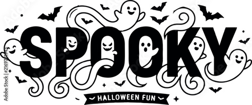 A festive halloween design featuring the word spooky decorated with hand drawn ghosts and bats in a creative black and white doodle style artistic illustration