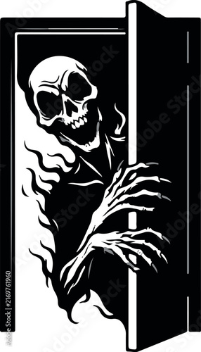 A black and white illustration of a creepy skeleton monster reaching out from behind a dark open door representing fear death and supernatural horror concepts