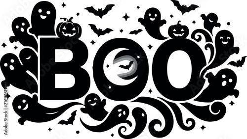 A festive halloween design featuring the word boo written in bold black letters surrounded by cute ghosts bats pumpkins and stars on a white background