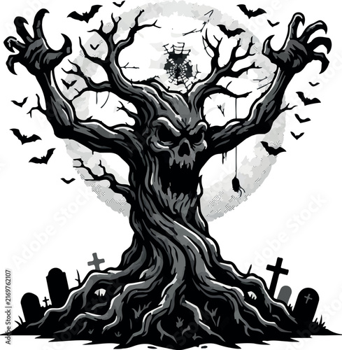 A spooky black and white illustration of a haunted monster tree with twisted branches and flying bats in a dark and eerie graveyard setting design