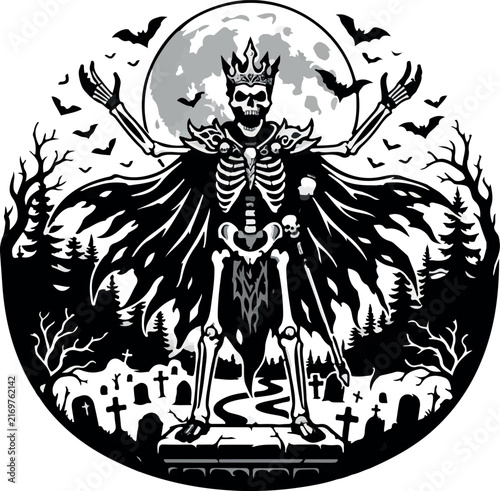 A detailed black and white illustration of a skeleton king wearing a crown standing in a dark graveyard with a full moon and flying bats